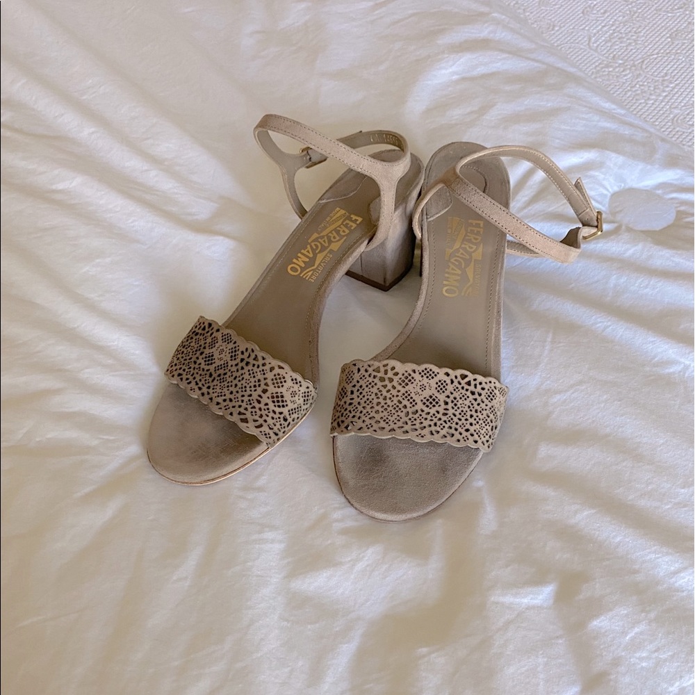 Ferragamo taupe suede lazer cut sandals.
